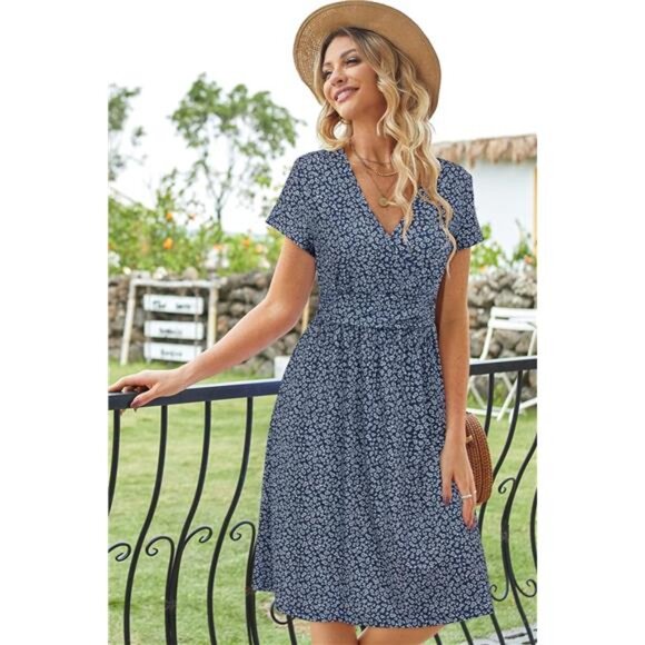 Women's Summer Short Sleeve V-Neck Floral Short Party Dress with Pockets - Picture 4 of 6